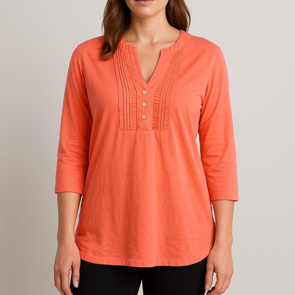Chaps Coral Pintuck Blouse XL Cotton 3/4 Sleeve Tunic Top